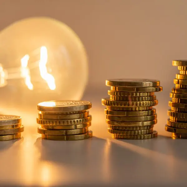 ampoule sur une table avec des pièces devant en signe des économies