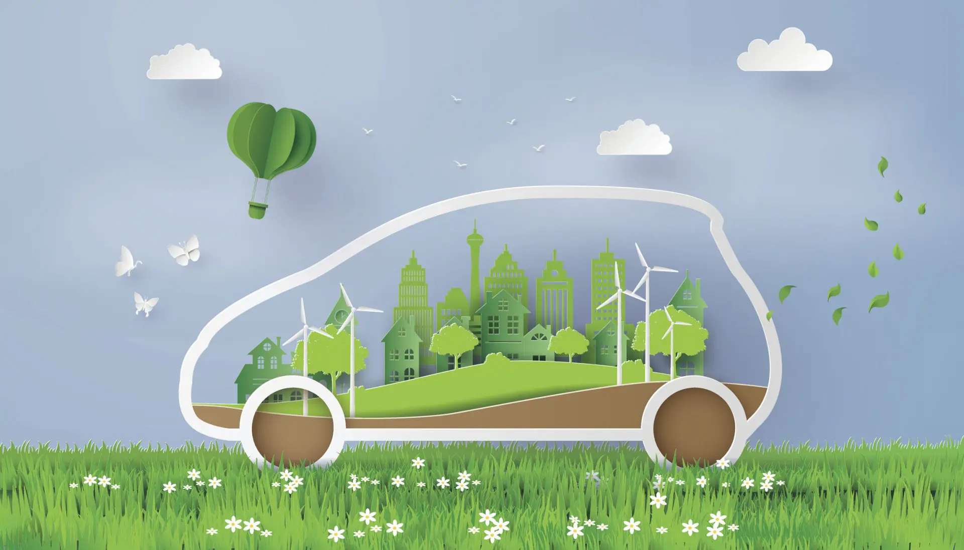 Illustration d'une voiture contenant une ville écologique avec des bâtiments verts, des éoliennes, des arbres, et des collines. Autour de la voiture, des éléments naturels comme des papillons blancs, un ballon dirigeable en forme de feuille, des feuilles flottantes, des nuages, et de l'herbe avec des fleurs blanches.
