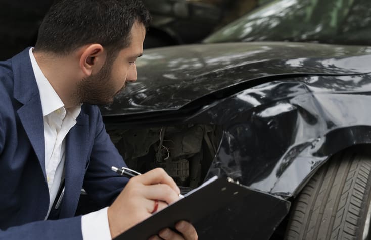 Homme qui regarde un véhicule après un accident avec un cahier à la main pour noter les dégâts