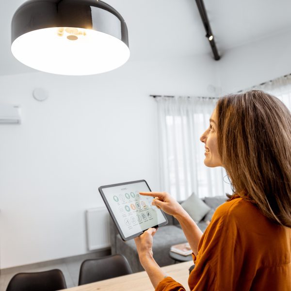 Femme contrôlant la lumière avec une tablette numérique à la maison